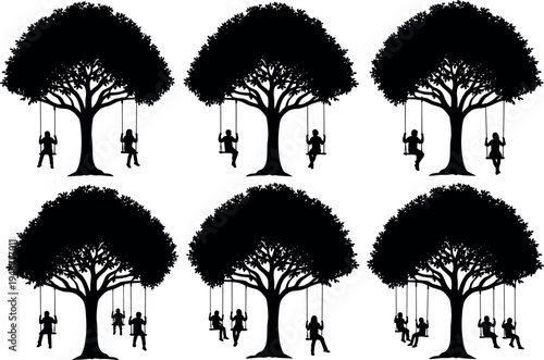 Children silhouettes swinging on tree swings under large trees, playful outdoor activity and happy childhood concept illustration set isolated on white background nature scene