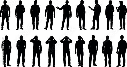 Collection of male human silhouettes standing in various poses and gestures isolated on white background, body language concept, communication, expression, posture reference set