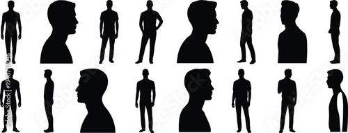 Male human silhouette collection featuring standing body and side profile poses, adult man figure vector icons isolated on white background for character design
