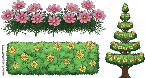 Colorful cartoon garden plants set featuring pink cosmos flowers, yellow daisy hedge, decorative layered topiary tree, lush green foliage isolated on white background vector