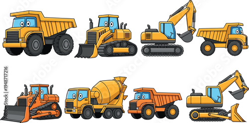 Cute cartoon construction vehicles collection illustration featuring dump truck, bulldozer, excavator and cement mixer characters, colorful heavy machinery set for kids design isolated