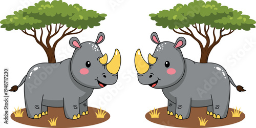 Cute cartoon rhinoceros pair under tree illustration, adorable wild safari animal characters with smiling faces, colorful vector wildlife design isolated on white background