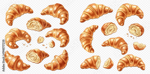 Delicious golden croissants, whole and cut, with flaky crumbs, isolated on a transparent background, perfect for breakfast or bakery designs.