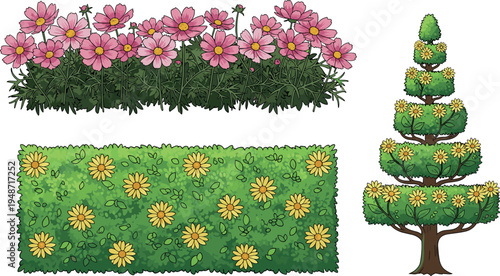 Decorative garden plants set with blooming flowers, green hedge and ornamental tree illustration, landscaping design elements isolated on white background, nature decoration collection