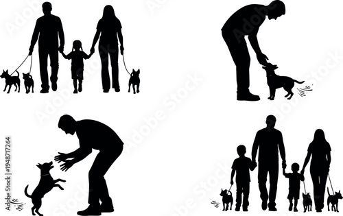 Family silhouettes walking with children and pet dogs, playful interaction and companionship concept, happy lifestyle outdoor activity illustration set isolated on white background
