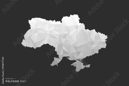 Ukraine Map - Polygon style vector illustration in black, gray and white low poly geometric design, minimal silhouette, isolated for infographic.