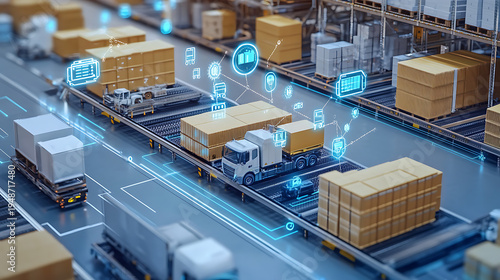 Blue-toned futuristic warehouse with trucks and cargo containers. Digital holograms float above the vehicles and racks. Bright lines connect equipment, showing intelligent logistics flow