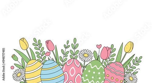 Cute Hand Drawn Easter Eggs with Spring Flowers Decorative Horizontal Banner