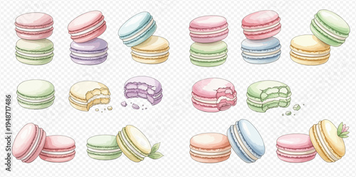 Watercolor illustration of various colorful French macarons, some whole, some bitten, in stacks and individually, on a transparent background.