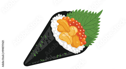 Traditional Japanese temaki hand roll sushi filled with creamy yellow sea urchin and bright orange salmon roe garnished with a green shiso leaf.