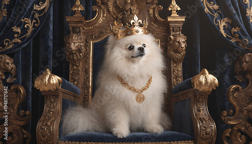 Regal white Pomeranian dog with gold jewelry on ornate throne in royal luxury setting