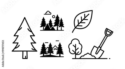 Collection of simple line art icons depicting nature elements like trees, mountains, leaves, and gardening tools, perfect for environmental and outdoor themes