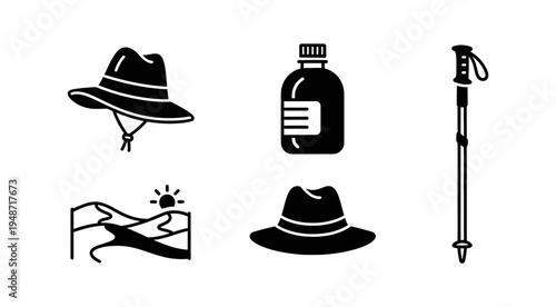 Curated collection of outdoor adventure icons, showcasing essential travel gear like sun hats, a hydration bottle, a serene desert landscape, and a sturdy trekking pole for explorers