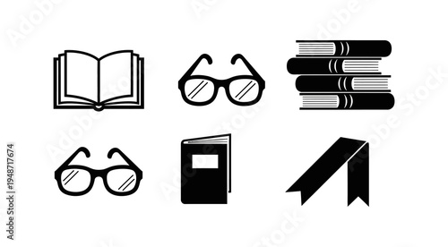 A collection of icons representing books and reading accessories, including open and closed books, glasses, and a bookmark