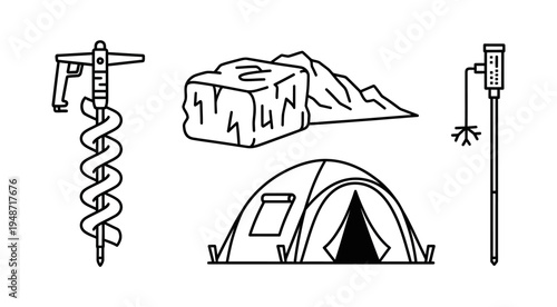 Monochromatic outline illustrations depicting essential winter expedition equipment and icy natural elements for extreme outdoor adventures and scientific exploration in cold climates