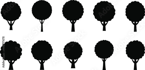 Black silhouettes of trees with round crowns on white background