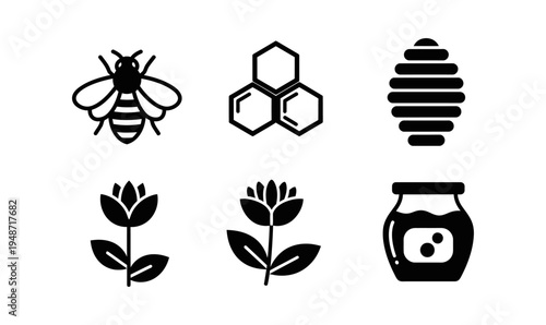 Set of icons representing bees, honeycomb, beehive, flowers and honey jar, suitable for nature and agriculture themes