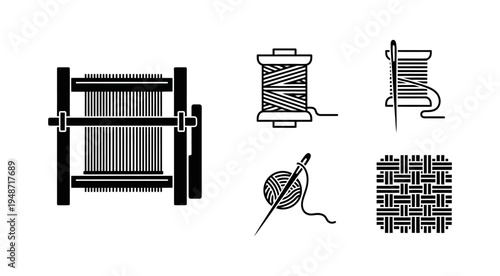 Vector icons showcasing the art of textile creation, featuring weaving looms, spools of thread, sewing needles, yarn, and fabric patterns for craft and design projects