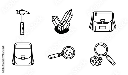 A captivating concept of geology and mineral exploration, showcasing iconic tools like hammers and magnifying glasses alongside beautiful crystal discoveries