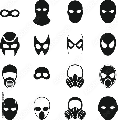Superhero and villain mask silhouette collection featuring comic character face masks, gas mask and disguise icons isolated on white background for design