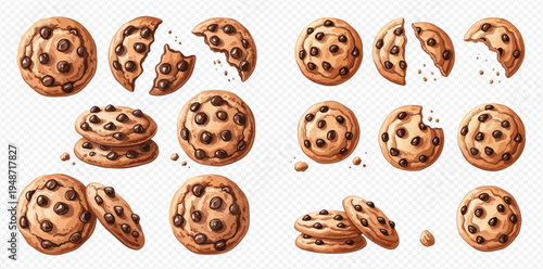 Set of delicious chocolate chip cookies, whole, broken, and stacked, on a transparent background, perfect for dessert and snack illustrations.
