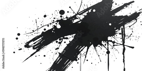 Black ink splat and grunge paint splatter vector illustration featuring a dirty liquid drip stain and artistic spray texture element on a silhouette splash background