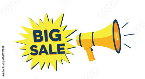 Promotional graphic featuring a yellow megaphone projecting a loud announcement of a big sale inside a jagged yellow burst shape.
