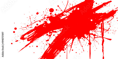 Red ink splat and paint splashes create a grunge vector illustration with a dirty blood texture and spray spatter pattern for an artistic red design background