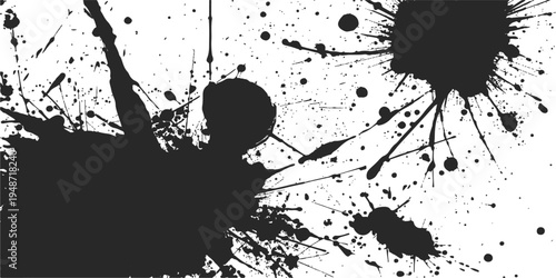 An abstract black ink splat illustration featuring a dirty grunge texture with paint drips and spray blots on a vector background element