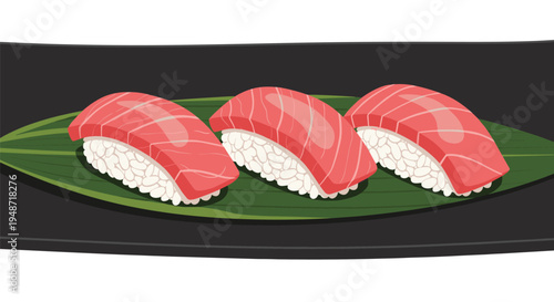 Set of three tuna nigiri sushi pieces with fresh red fish slices on top of seasoned white rice served on a green leaf platter for dining.