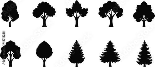 Black silhouettes of various trees on white background