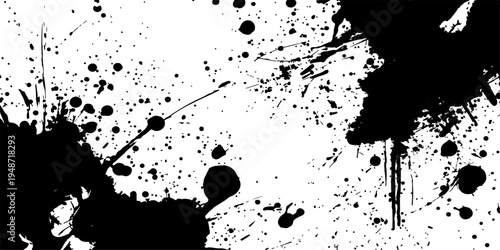 Abstract black ink splat and grunge paint splatter texture featuring artistic liquid drips and brush stains as a vector illustration element on a white background