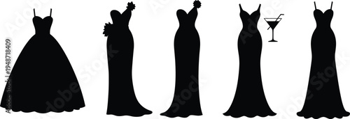 Black silhouettes of women in evening gowns dresses