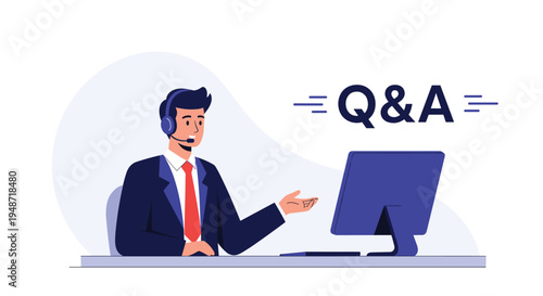 Professional male customer service representative wearing a headset and suit working at a computer desk for a question and answer session.