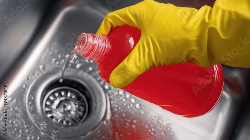 Wallpaper Mural The red bottle pouring cleaner into a stainless steel sink drain during house cleaning Torontodigital.ca