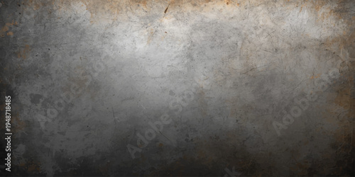 A dark aged metal plate with a rough grunge texture and dirty gray concrete surface patterns creates an old vintage industrial backdrop