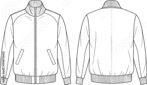 Women bomber jacket technical fashion flat sketch with zipper closure, rib knit collar cuffs hem, front and back view