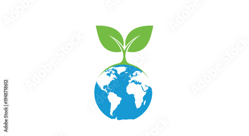 Environmental concept illustration featuring a small green sprout with two leaves growing from the top of a blue and white planet Earth globe.