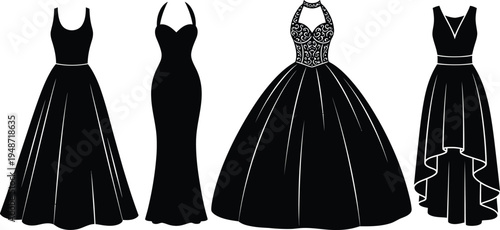 Four black evening gowns with white outlines on white background black dresses formal wear fashion white outlines