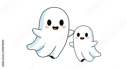 Pair of adorable and friendly white cartoon ghosts with big black eyes and happy smiling faces for a fun Halloween themed illustration.