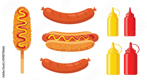 Assortment of fast food items including a corn dog on a stick, a hot dog in a bun, grilled sausages, and bottles of mustard and ketchup.