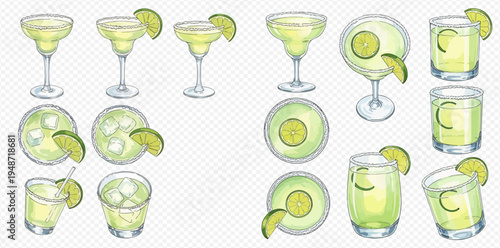 Set of refreshing lime cocktails and margaritas in various glasses, perfect for summer drinks.