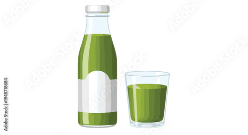 Refreshing green vegetable juice served in a clear glass bottle with a blank label and a full glass for a healthy and nutritious drink.