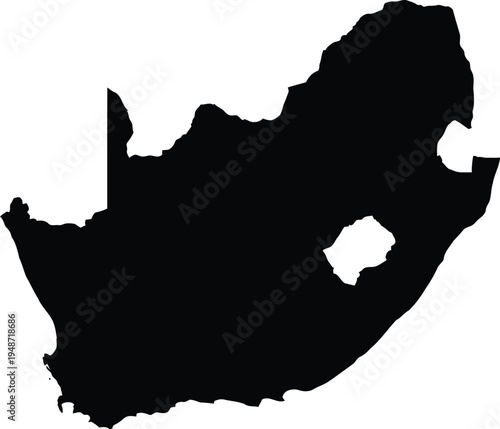 A black silhouette of the map of south africa isolated on a plain white background