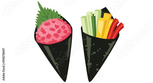 Duo of hand-rolled temaki sushi including one with minced raw tuna and shiso leaf and another with cucumber, egg, and carrot sticks.