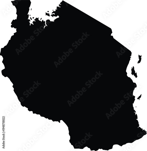 Black silhouette map of tanzania isolated on a solid white background with clear borders