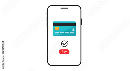 Mobile payment concept featuring a smartphone with a digital credit card, a checkmark icon, and a red pay button on the screen for easy checkout.