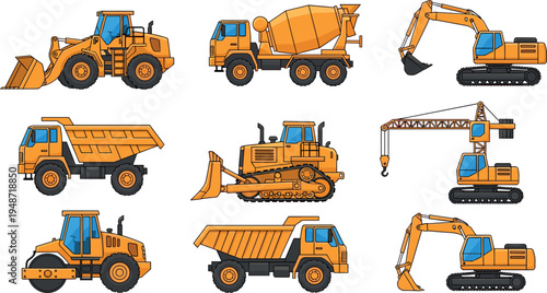 Set of construction machinery vehicles including excavator, bulldozer, loader, dump truck, crane and roller isolated on white background, heavy equipment transport industry illustration collection