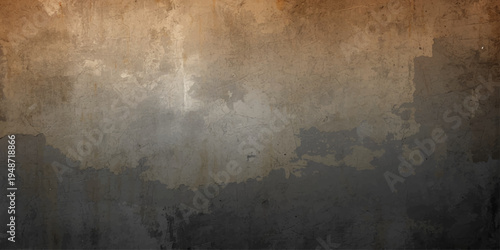 A dark and aged grunge wall background features a vintage textured surface of dirty concrete and rusty metal with a rough brown paint pattern
