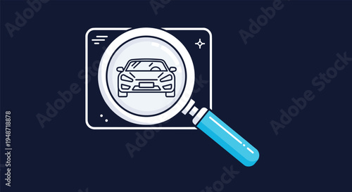 Concept of vehicle search and inspection featuring a large magnifying glass focused on a car outline inside a browser window graphic.